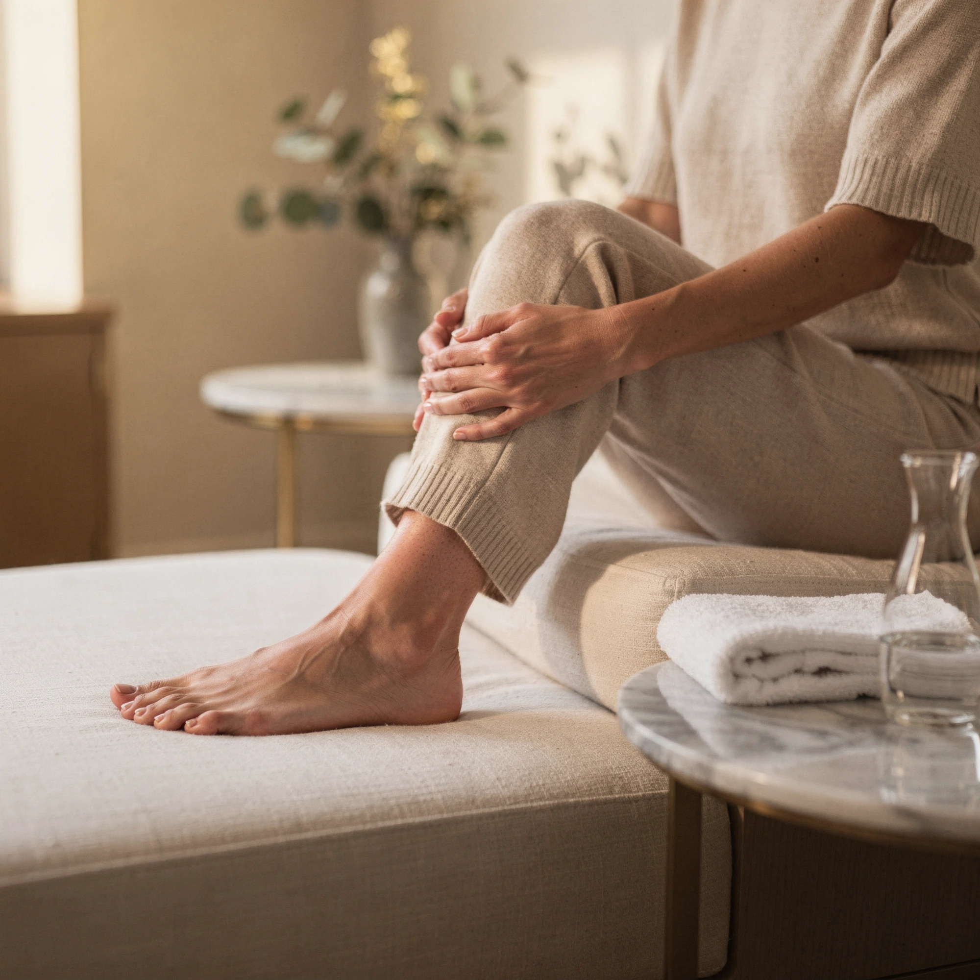 Person holding their foot and lower leg while seated, experiencing plantar fasciitis pain